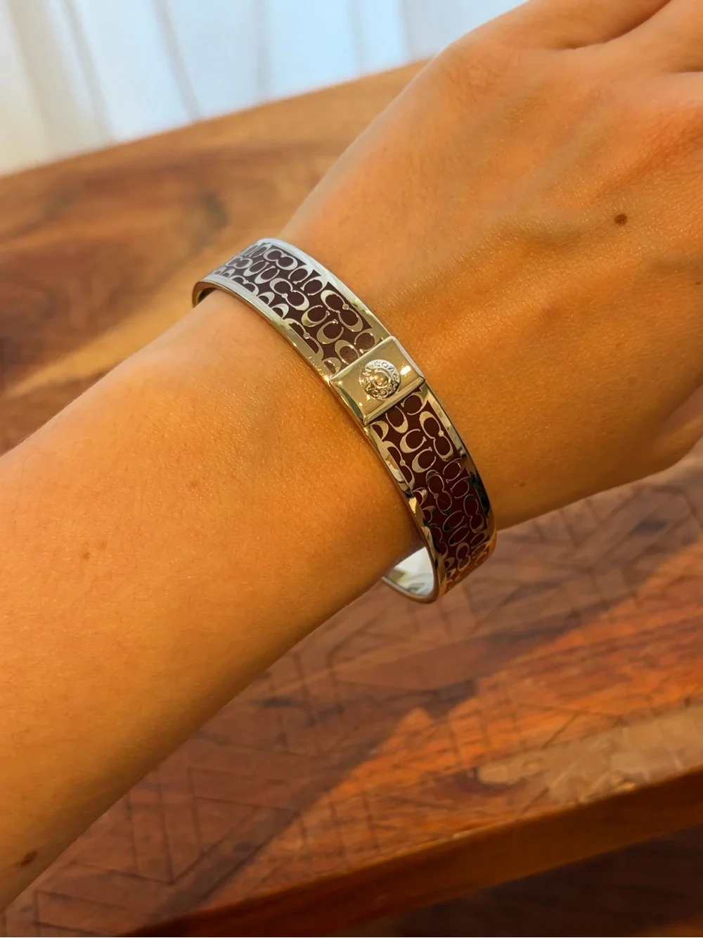 Coach Brown Enamel Signature Logo Bangle with Gold Accents